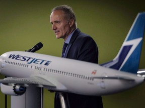 The Canadian Union of Public Employees says it has filed an application at the Canada Industrial Relations Board to represent flight attendants at WestJet. WestJet president and CEO Ed Sims addresses the airline's annual meeting in Calgary, Tuesday, May 8, 2018.