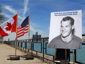 A photo of hockey great Gordie Howe is shown at the announcement that the Detroit River International Crossing will be named the Gordie Howe International Bridge, on the waterfront, in Windsor, Ont., on May 14, 2015. The Windsor-Detroit Bridge Authority has announced the Bridging North America consortium as the preferred proponent to build and operate the Gordie Howe International Bridge. Construction of the bridge is expected to begin later this year.