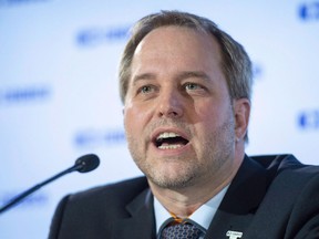 Cogeco Communications Inc. newly announced president and CEO Philippe Jette responds to a question during a news conference Tuesday, May 15, 2018 in Montreal. The home internet and television company says it's considering a move into the wireless business, if conditions are right.