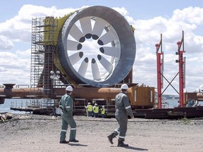 A turbine for the Cape Sharp Tidal project is seen at the Pictou Shipyard in Pictou, N.S. on Thursday, May 19, 2016. Nova Scotia's bid to become a world leader in tidal energy has been dealt a major setback, but industry experts say a decision by Paris-based Naval Energies to pull out of a pioneering joint venture in the Bay of Fundy may be good for the emerging industry ??? in the long term.