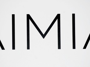 An AIMIA logo is shown at the company's annual general meeting in Montreal on May 4, 2012.