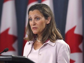 Foreign Affairs Minister Chrystia Freeland speaks at a press conference in Ottawa on Thursday, May 31, 2018. A trio of Trudeau cabinet ministers are sitting down today with the man elected to be Mexico's next president hoping to find some common ground in NAFTA talks.