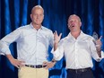 Airbus CEO and President Tom Enders, left, and Bombardier CEO and President Alain Bellemare speak to Bombardier employees during an event in Mirabel, Que., Wednesday, July 4, 2018.
