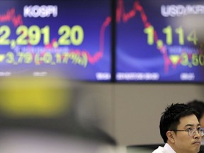 A currency trader watches the computer monitors near the screens showing the Korea Composite Stock Price Index (KOSPI), left, and the foreign exchange rate between U.S. dollar and South Korean won at the foreign exchange dealing room in Seoul, South Korea, Monday, July 30, 2018. Asian markets fell Monday after a steep decline in the U.S. technology sector weighed on Wall Street at the end of the week despite data showing the economy was growing.