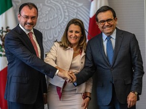 Luis Videgaray, Mexico's foreign minister, from left, Chrystia Freeland, Canada's minister of foreign affairs, and Ildefonso Guajardo Villarreal, Mexico's secretary of economy, meet in Mexico City, on Wednesday.