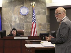 Attorney Todd Bice, representing drug manufacturer, Alvogen, appears before judge Elizabeth Gonzalez the court at the Regional Justice Center during a hearing on Wednesday, July 11, 2018, in Las Vegas. Alvogen filed suit in an effort to stop Nevada using their drugs in the execution of death row inmate Scott Dozier.