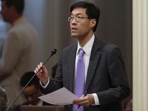 FILE - In this Thursday, May 26, 2016, file photo, state Sen. Richard Pan, D-Elk Grove, speaks to fellow lawmakers in Sacramento, Calif. Two California residents are suing Pan for blocking them from his social media accounts, alleging that barring them from his Twitter account violates their First Amendment free speech rights.