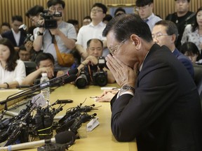 South Korea's Asiana Airlines chairman Park Sam-koo listens to a question during a press conference in Seoul, South Korea, Wednesday, July 4, 2018. Park has apologized for in-flight meal service disruptions and a reported suicide at a meal supplier.