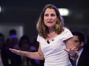 Minister of Foreign Affairs Chrystia Freeland takes part in a NATO Engages Armchair Discussion at the NATO Summit in Brussels, Belgium on Wednesday, July 11, 2018. The United States says it's firing back at the Canadian government's recent retaliatory tariffs on American imports by launching a formal challenge with the World Trade Organization.