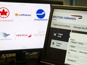 FILE - In this May 21, 2018, file photo, a computer screen displays the booking website of British Airways showing "Taiwan-China" near another showing the other international airlines that have done the same in obeying Beijing's demands to do so in Beijing. Chinese regulators appear to have rejected a possible attempt by U.S. airlines at a compromise over Beijing's demand to call self-ruled Taiwan a part of China, an order Washington opposed. The communist mainland's latest effort to use China's growing economic clout to isolate Taiwan's democratically elected government is further straining ties between Beijing and the U.S. amid a deepening trade dispute.