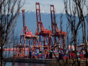 Cargo containers stacked beneath cranes at Port Metro Vancouver.