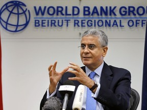 World Bank Vice President for the Middle East and North Africa Ferid Belhaj, speaks during a press conference in Beirut, Lebanon, Tuesday, July 31, 2018. Belhaj said Tuesday that the Lebanese economy is "not doing great" and urged the country's leaders to approve projects put forward by the international lender, saying otherwise they would be cancelled.