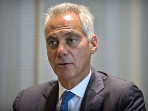 Chicago Mayor Rahm Emanuel speaks during an interview with the Associated Press in Beijing, Thursday, July 12, 2018. Emanuel, on a mission to salvage business deals threatened by a tariff war, says Chinese officials expressed confidence during his visit to Beijing that they can survive the spiraling dispute with Washington.