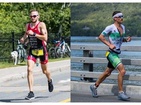 From left: Skechers elite runners and fellow Canadians Cody Beals and Lionel Sanders finish first and second, respectively, at the 2018 IRONMAN® Mont-Tremblant in Quebec.