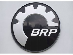 A BRP logo is shown at the research and innovation plant is seen in Valcourt, Que., Friday, November 9, 2012. BRP Inc. raised its financial guidance as it reported a second-quarter profit of $41 million.