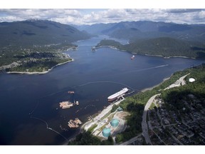 A aerial view of Kinder Morgan's Trans Mountain marine terminal, in Burnaby, B.C., is shown on Tuesday, May 29, 2018. The National Energy Board has ordered construction on the Trans Mountain pipeline to stop, a day after the Federal Court of Appeal quashed the approval of the project and nullified the NEB certificate. In the absence of a certificate, the economic regulatory agency says it expects Trans Mountain to cease all construction work on the pipeline in a manner that minimizes environmental impact.