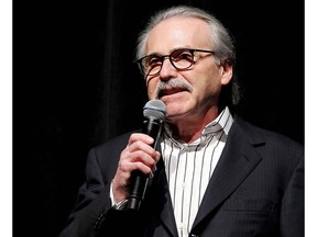In this Jan. 31, 2014 photo, David Pecker, Chairman and CEO of American Media, addresses those attending the Shape & Men's Fitness Super Bowl Party in New York. American Media Inc. CEO and Donald Trump insider Pecker is stepping down as a director on the board of Canadian media giant Postmedia Network Canada Corp. THE CANADIAN PRESS/AP-Marion Curtis via AP)