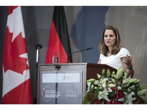 Canadian Foreign Minister Chrystia Freeland speaks at a meeting of German ambassadors in Berlin Monday, Aug. 27, 2018.