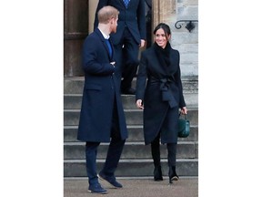 FILE - In this Thursday, Jan.18, 2018 file photo, Britain's Prince Harry and his fiancee Meghan Markle leave after a visit to Cardiff Castle in Cardiff, Wales.  When Meghan wore jeans from the Hiut Denim Company, there was worldwide publicity about a firm in Wales which started to re-employ workers displaced when the local factory closed, helping small companies like Hiut buck the globalization trend.