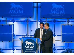 Springfield Mayor Domenic J. Sarno, right, and MGM Springfield President Michael C. Mathis at a press conference for the grand opening of the $960 million casino Thursday, Aug. 23, 2018, in Springfield, Mass.