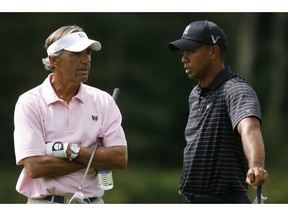 FILE - In this Sept. 3, 2009, file photo, Tiger Woods, right, talks with Seth Waugh, CEO Deutsche Bank Americas, during the pro-am round of the Deutsche Bank Championship in Norton, Mass. Waugh is taking over as CEO of the PGA of America.