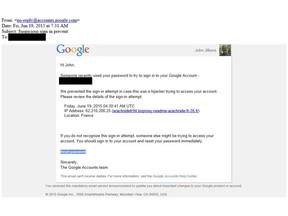 This image shows a portion of a June 2015 phishing email sent to John Jillions, the chancellor of the Orthodox Church in America. Although designed to look like it came from Google, an examination of the email using data supplied by the cybersecurity firm Secureworks shows that it was sent by the group of hackers indicted in July 2018 by the United States. Parts have been redacted to protect sensitive information. (AP Photo)