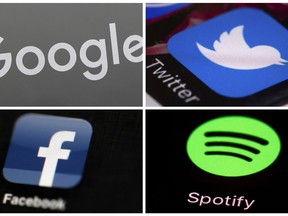 This photo combo of images shows, clockwise, from upper left: a Google sign, and apps for Twitter, Spotify and Facebook. YouTube, Facebook, Twitter, Spotify and other sites are finding themselves in a role they never wanted, as gatekeepers of discourse on their platforms,  deciding what should and shouldn't be allowed and often angering almost everyone in the process. (AP Photo)