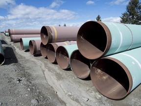 Pipes are seen at the pipe yard at the Transmountain facility in Kamloops, B.C., on March 27, 2017. The United States says it will impose preliminary anti-dumping duties of more than 24 per cent on large-diameter welded pipe from six countries, including Canada.