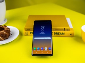 The Samsung Electronics Co. Galaxy Note 9 smartphone is displayed for a photograph ahead of the Samsung Unpacked product launch event in New York, U.S., on Wednesday, Aug. 8, 2018. Samsung Electronics unveiled the Galaxy Note 9 in New York Thursday, banking on the larger-screen device to rejuvenate sales of a struggling flagship line and fend off Apple Inc.'s upcoming iPhones over the holidays.