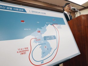 Roh Suk-hwan, deputy commissioner of the Korea Customs Service, announces about North Korea coal at the government complex in Daejeon, South Korea, Friday, Aug. 10, 2018. South Korea says a total of 35,000 tons of North Korean coal and pig iron worth $5.8 million illegally entered its ports last year, in possible violations of UN sanctions.