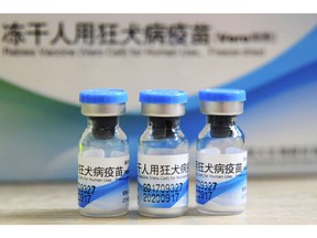 FILE - In this July 24, 2018, file photo, bottles of rabies vaccines made by Liaoning Chengda are seen at a Chinese Center for Disease Control and Prevention (CDC) station in Jiujiang in southern China's Jiangxi province. Two deputy Chinese provincial governors and a mayor were fired Thursday, Aug. 16, 2018 by the ruling Communist Party after revelations of misconduct by a major producer of anti-rabies vaccine triggered a public outcry. (Chinatopix via AP)