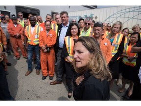 Minister of Foreign Affairs Chrystia Freeland addresses workers after touring Tree Island Steel, in Richmond, B.C., on Friday, August 24, 2018.
