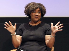 FILE - In this Dec. 8, 2017, file photo, Fatima Goss Graves speaks at a discussion about sexual harassment and how to create lasting change from the scandal roiling Hollywood at United Talent Agency in Beverly Hills, Calif. The Times Up Legal Defense Fund, a fund dedicated to aiding victims of sexual harassment and assault is giving $750,000 in grants to local organizations across the country. Fatima Goss Graves, CEO of the National Women's Law Center, a nonprofit that's managing the fund, said since launching in January roughly 3,500 people have reached out to share their personal stories and ask for help.