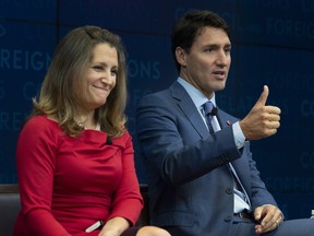 Canadian Prime Minister Justin Trudeau and Foreign Affairs Minister Chrystia Freeland participate in a panel discussion at the Council on Foreign Relations in New York on Sept. 25.