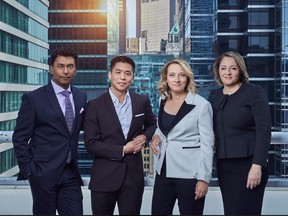 The National, CBC's flagship news program, features hosts (left to right) Ian Hanomansing, Andrew Chang, Adrienne Arsenault and Rosemary Barton.