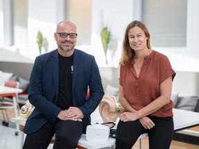Richard Chénier (left), director-general of Centech, and Isabel Galiana, founder and CEO of Saccade Analytics, at the Centech incubator offices in Montreal.