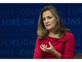 Foreign Affairs Minister Chrystia Freeland participates in a discussion at the Council on Foreign Relations in New York, Tuesday, Sept. 25, 2018. Freeland's marquee speech to the United Nations General Assembly has been postponed until Monday.