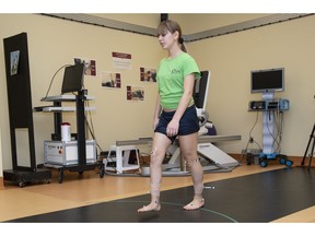 Felicia is undergoing testing at Shriners Hospitals for Children - Canada Motion Analysis Center. As she walks with censors high-tech capture cameras pick up each movement.
