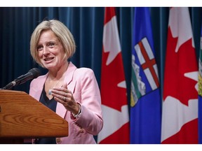 Alberta Premier Rachel Notley discusses pipeline expansion with reporters in Calgary, Alta., Thursday, Sept. 6, 2018.