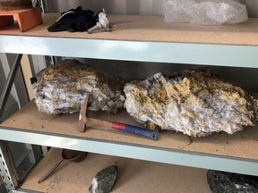 A 95kg specimen stone containing an estimated 2,440 ounces of gold and a 63kg specimen stone containing an estimated 1,620 ounces of gold recovered at RNC Minerals' Beta Hunt Mine in Australia are seen in this undated handout photo.