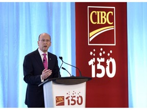 Victor Dodig, President and CEO of CIBC speaks during the annual meeting of shareholders in Ottawa on April 6, 2017. The CEO of the Canadian Imperial Bank of Commerce says Canada should boost its global competitiveness by offering clearer foreign investment rules and matching a U.S. policy which allows companies to immediately write off the full cost of capital investments. Victor Dodig says a lack of clarity on foreign investment rules is making business leaders and their clients hesitant to make significant investments in Canada.