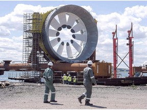 A turbine for the Cape Sharp Tidal project is seen at the Pictou Shipyard in Pictou, N.S. on Thursday, May 19, 2016. Nova Scotia's Department of Energy and Mines has issued a permit for a tidal electricity project in the Bay of Fundy. The marine renewable energy permit allows Black Rock Tidal Power to test a 280-kilowatt floating platform, called the PLAT-I, for up to six months.THE CANADIAN PRESS/Andrew Vaughan