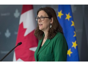 Cecilia Malmstrom, Chief Trade Commissioner for the European Union, speaks to a conference in Ottawa, Tuesday March 21, 2017.