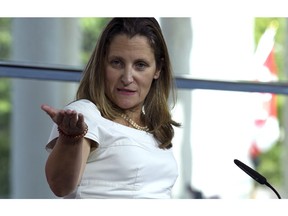 Canada's Foreign Affairs Minister Chrystia Freeland speaks during a news conference at the Canadian Embassy after talks at the Office of the United States Trade Representative, in Washington, Friday, Aug. 31, 2018.