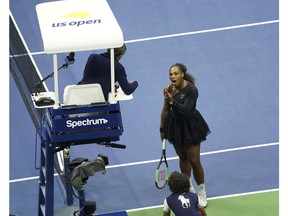 FILE - In this Saturday, Sept. 8, 2018, file photo, Serena Williams argues with the chair umpire during a match against Naomi Osaka, of Japan, in the women's finals of the U.S. Open tennis tournament at the USTA Billie Jean King National Tennis Center in New York. Tennis star Serena Williams is slated to give a speech in Las Vegas Friday, Sept. 15, 2018, amid debate about gender equality in sports spurred by an argument she had with the chair umpire at her U.S. Open finals match in New York.