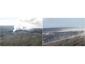 These 2018 images released by the United States Geological Survey, USGS, shows past, left, and present views of Kilauea's summit in Hawaii. At left is a photo taken on Nov. 28, 2008, with a distinct gas plume rising from the vent that had opened within Halemaumau about eight months earlier. At right is a photo taken on August 1, 2018, to approximate the 2008 view for comparison. Hawaii Volcanoes National Park will reopen its main gates Saturday, Sept. 22, 2018, welcoming carloads of visitors eager to see Kilauea's new summit crater and the area where a longstanding lava lake once bubbled near the surface. The park has been closed for 135 days as volcanic activity caused explosive eruptions, earthquakes and the collapse of the famed Halemaumau crater. (USGS via AP)