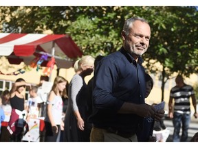 Jan Bjorklund, leader of the Liberal Party, arrives at a polling station in Stockholm, Sweden, Sunday Sept. 9, 2018. Polls have opened in Sweden's general election in what is expected to be one of the most unpredictable and thrilling political races in Scandinavian country for decades amid heated discussion around top issue immigration.
