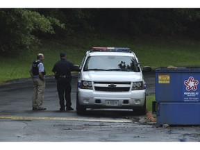 Authorities respond to a shooting in Harford County, Md., on Thursday, Sept. 20, 2018.  Authorities say multiple people have been shot in northeast Maryland in what the FBI is describing as an "active shooter situation."