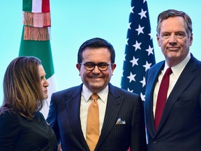 Canadian Minister of Foreign Affairs, Chrystia Freeland, left, Mexican Economy Minister Idelfonso Guajardo, centre and U.S. Trade Representative Robert Lighthizer during NAFTA talks in March. Mexico is set to unveil its deal with the U.S. Friday. Canada agreed to a cap on auto exports to the U.S. – of about 40 per cent above current production levels – that would be free of any auto tariffs Trump might impose, the source said.