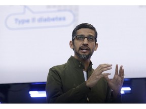 FILE- In this May 8, 2018, file photo, Google CEO Sundar Pichai speaks at the Google I/O conference in Mountain View, Calif.  Pichai is scheduled to meet privately with members of Congress Friday, Sept. 28, after he and his boss, Google co-founder Larry Page, stood up lawmakers at a public hearing earlier this month. The closed-door gathering is expected to include discussions about President Donald Trump's recent allegations that Google has been rigging the results of its influential search engine to suppress conservative viewpoints. Google has denied any political bias.